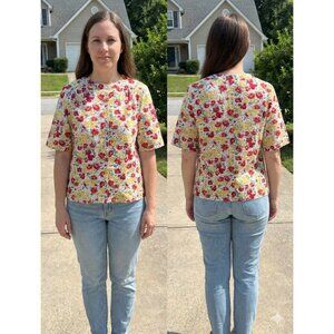 Vintage Austin Hill Short Sleeve Floral Shirt Size 10 Red Yellow Cottagecore USA